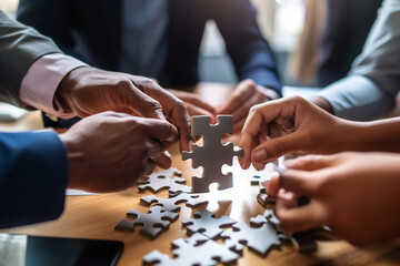 Diverse corporate office workers collaborate in a team building puzzles. Team work concept. Unity and synergy in business concept by merging jigsaw puzzle. High quality photo