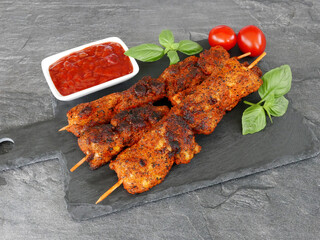 Gegrilltes Fleisch auf Spieß mit Tomaten, Basilikum und Ketchup.