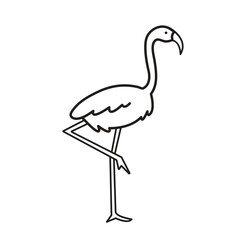 Flamingo bird vector icon outline isolated on square white background. Simple flat sea marine animal creatures outlined cartoon drawing. Stand on one leg bird.