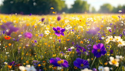 Colorful flower meadow in summer. Wild flowers in spring,  sunset, Generative ai