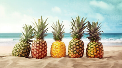 Tropical Bliss: Pineapples Highlighting the Sea's Beauty, Celebrating Sunny Vacation Days