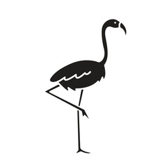 Flamingo bird vector icon black silhouette outline isolated on square white background. Simple flat sea marine animal creatures outlined cartoon drawing. Stand on one leg bird.