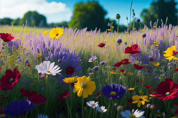 Colorful flower meadow in summer. Wild flowers in spring,  sunset, Generative ai