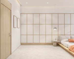Modern japan style empty room decorated with minimalist bed and white cloth wall panel, hanging lamp and bedside table. 3d rendering