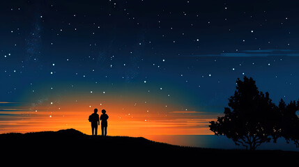 Naklejka na ściany i meble silhouettes of two people with night sky in the background. Generative AI image.