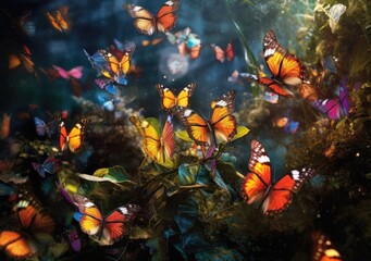 Fototapeta na wymiar A colorful array of tropical butterflies taking flig. Wallpaper, Background, digital Poster, Generative AI.