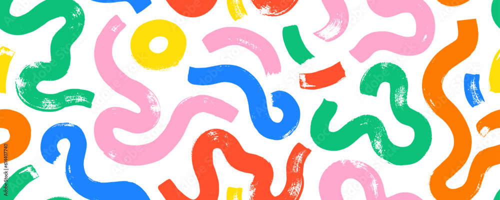 Poster Multi colored squiggles with circles seamless pattern. Brush drawn bold curved lines, waves and swirls. Abstract geometric colorful background with organic bold lines. Childish doodles and scribbles.