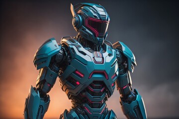 a cool futuristic robot in war looking right