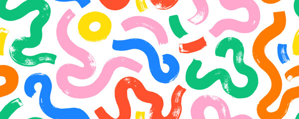 Multi colored squiggles with circles seamless pattern. Brush drawn bold curved lines, waves and swirls. Abstract geometric colorful background with organic bold lines. Childish doodles and scribbles.