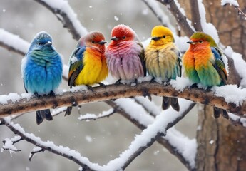 A group of colorful birds perched on snow covered. Wallpaper, Background, digital Poster, Generative AI.