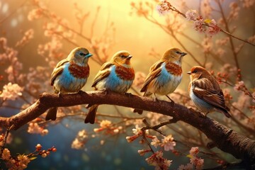 Obraz premium Peaceful Serenade Birds Perched on Branches Singing. Wallpaper, Background, digital Poster, Generative AI.