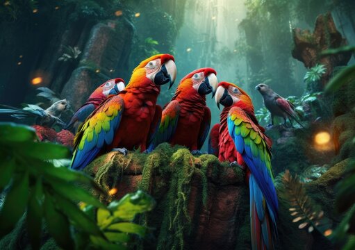 A group of vibrant parrots in a tropical rainforest. Wallpaper, Background, digital Poster, Generative AI.