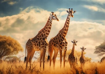 Obraz premium The gentle sway of a family of giraffes. Wallpaper, Background, digital Poster, Generative AI.