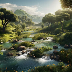 Naklejka na ściany i meble A realistic depiction of a picturesque landscape with trees, a flowing river, and a waterfall accurately