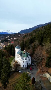 Castle on Mountain in Austria with Lake Forest and Alps
