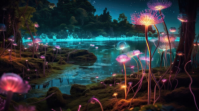 bioluminescent landscape with lake at night. Generative AI image.