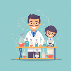  male teacher is busy guiding his students working on a science project in the science laboratory