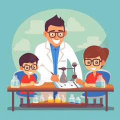  male teacher is busy guiding his students working on a science project in the science laboratory