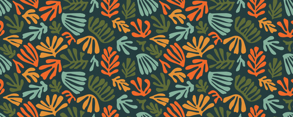 Abstract matisse inspired seamless pattern. Organic shape plant elements in neutral colors. Small branch silhouettes with leaves, algae, organic shapes branches ornament. Modern decorative pattern.