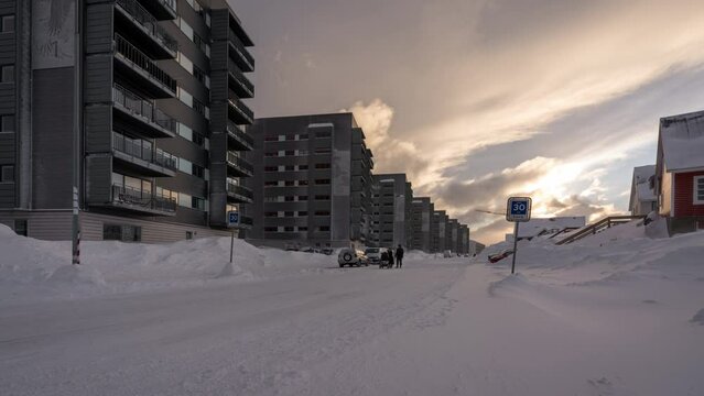 A street in a newly built residential area in Nuuk, Greenland during wintertime