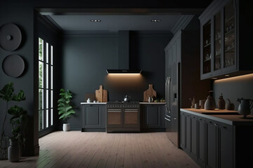 sleek elegance of a dark kitchen interior, featuring an empty grey wall, a panoramic window, a modern sink, a gas cooker, and neatly arranged crockery. Wooden floor minimalist design. Generative AI.