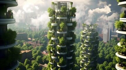Obraz premium Vertical Farms of Tomorrow: Sky-high towers harnessing advanced regenerative farming techniques. | generative ai