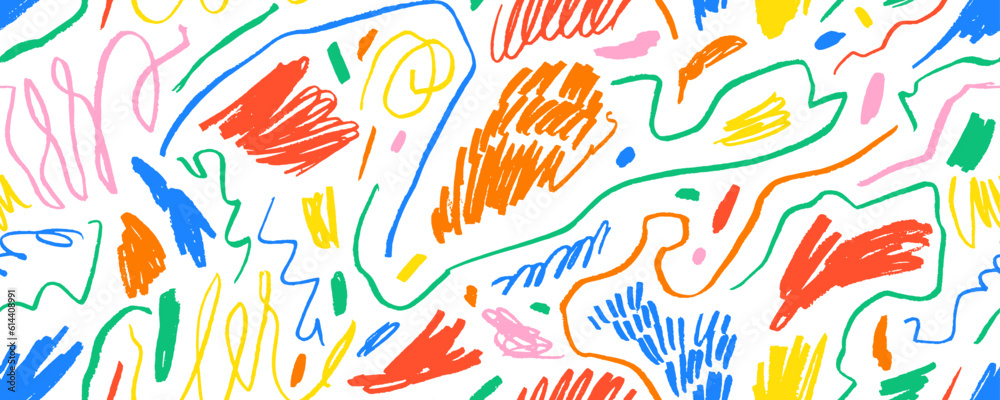 Poster Multi colored charcoal pencil curly lines and squiggles seamless pattern. Scribble brush strokes ornament. Hand drawn marker scribbles. Colorful pencil sketches. Brush stroke lines, squiggles, daubs.