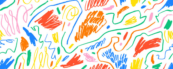 Multi colored charcoal pencil curly lines and squiggles seamless pattern. Scribble brush strokes ornament. Hand drawn marker scribbles. Colorful pencil sketches. Brush stroke lines, squiggles, daubs.