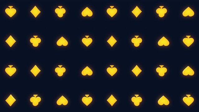 golden 3D gambling animation of four playing card suits heart, spade, diamond and club shapes on dark background, 4K abstract gambling loop background