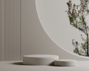 Minimal interior with empty podiums for product advertising with plant decoration. 3d rendering
