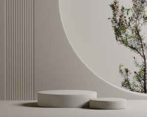 Minimal interior with empty podiums for product advertising with plant decoration. 3d rendering © vpanteon