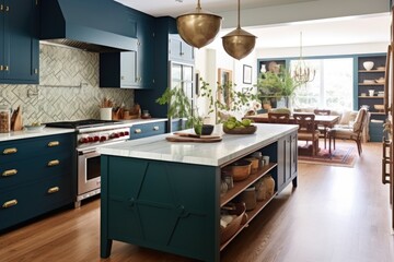 Blue Transitional American style kitchen with island, brass pendants and wooden parquet, ai generative