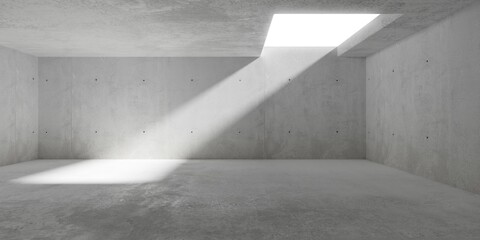 Abstract large, empty, modern concrete room with sunlight from ceiling opening and rough floor - industrial interior background template