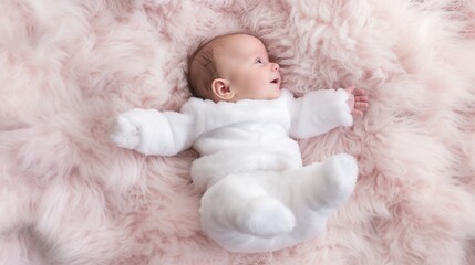 Happy adorable infant baby on fluffy fur background. Cute child. Cozy indoor illustration with copy space. AI generative image.