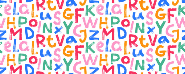 Scattered colored letters alphabet seamless pattern. Vector typography background. Grunge bold font with dry brush texture. Childish style capital letters in bright colors. Handdrawn typography banner © Anastasiia Hevko