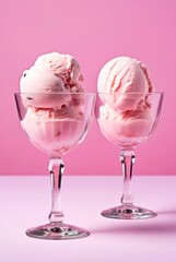 Two glasses of pink ice cream on pastel purple background. Generative AI.