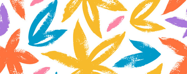 Multi colored seamless pattern with cannabis leaves. Brush drawn marijuana leaves, hemp motif seamless pattern. Vector cannabis colorful background. Natural organic ornament with black branches.