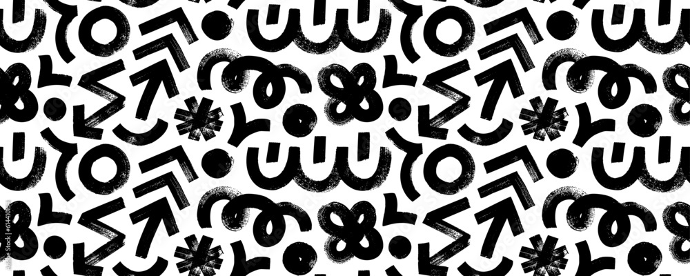 Poster Seamless pattern with various geometric trendy shapes. Bold brush drawn geometric figures and objects ornament. Arrow, circles, swirls, asterisk and curved bold lines. Hand drawn abstract pattern.