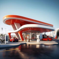 Futuristic gas station for cars, red style station. AI Generation - 614410310