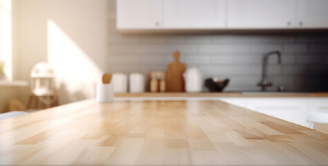Fototapeta na wymiar Empty wood table top and blur bokeh modern kitchen interior