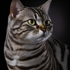 Studio shot with cute american shorthair cat portrait with the curiosity and innocent look as concept of modern happy domestic pet in ravishing hyper realistic detail by Generative AI.