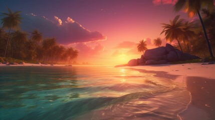 Fototapeta na wymiar Beautiful sunset on the tropical beach with palm trees and sand. Tropical beach with coconut palm trees at sunset. tropical island at sunset. generative ai