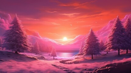 Fantasy winter landscape with frozen lake and christmas tree. Winter sunset. pink lilac magenta tint color background. generative ai
