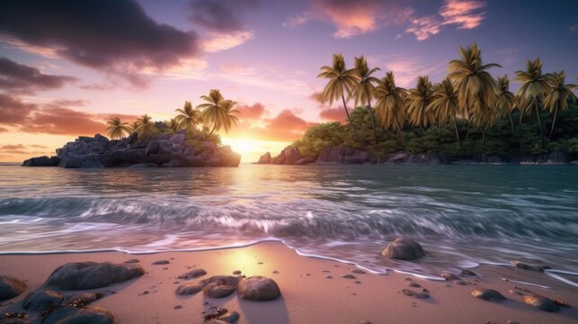Beautiful sunset on the tropical beach with palm trees and sand. Tropical beach with coconut palm trees at sunset. tropical island at sunset. generative ai © megavectors