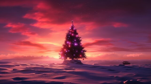 Fantasy winter landscape with frozen lake and christmas tree. Winter sunset. pink lilac magenta tint color background. generative ai