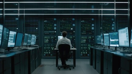 Silhouette of a man working in a server room at night. Rear view of businessman sitting at desk and looking at monitors in office. server room with rows of computer monitors. generative ai