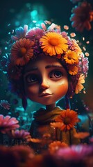 Funny little flower cartoon character. Abstract floral fantastic Beautiful flowers fabulous 3d character. generative ai