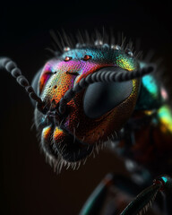 Close-up of an ant head in beautiful iridescent rainbow colors, compound eyes, insect eyes, nature, wildlife