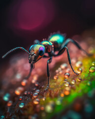 Fototapeta premium Ant on a leaf with dew drops, close-up in iridescent rainbow colors, detailed insect, wildlife, formicidae, beautiful ant, water drops