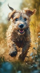 Cute dog running in the field. generative ai